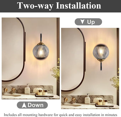 Mecgirn Bathroom Vanity Light Fixtures, 1-Light Smoky Gray Glass Shade, Modern Black and Gold Wall Sconce, Unique Textured Leaf Pattern, Ceramic E26 Sockets Wall Mounted for Mirror, Cabinet, Hallway