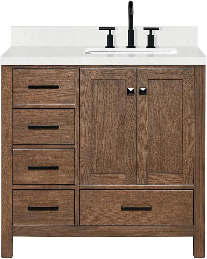 ARIEL Cambridge 36-inch Bathroom Vanity with Sink,Solid Wood, 1.5-inch Carrara White Quartz Countertop, Single Rectangular Porcelain Sink, 2 Soft Closing Doors, 5 Dovetail Drawers, Brown Oak