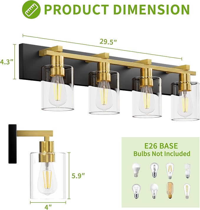 4-Light 30inch Black and Gold Vanity Light, Thickened Clear Glass | Over Mirror for Bathroom, Rust Resistant, E26 Base, Easy Install, Removable Glass Shade Horizontal Mount, Dimmable