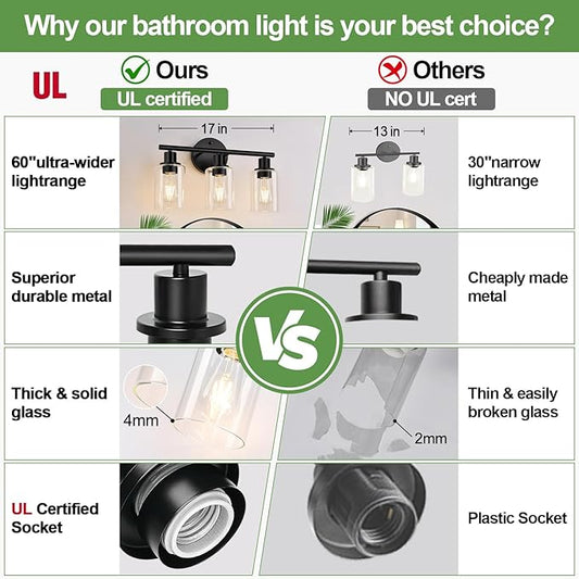 3-Light Bathroom Light Fixtures, 17.23" Black Modern Vanity Lights with Clear Glass Shade, Bathroom Wall Lamp for Mirror Kitchen Living Room Hallway Cabinet Porch