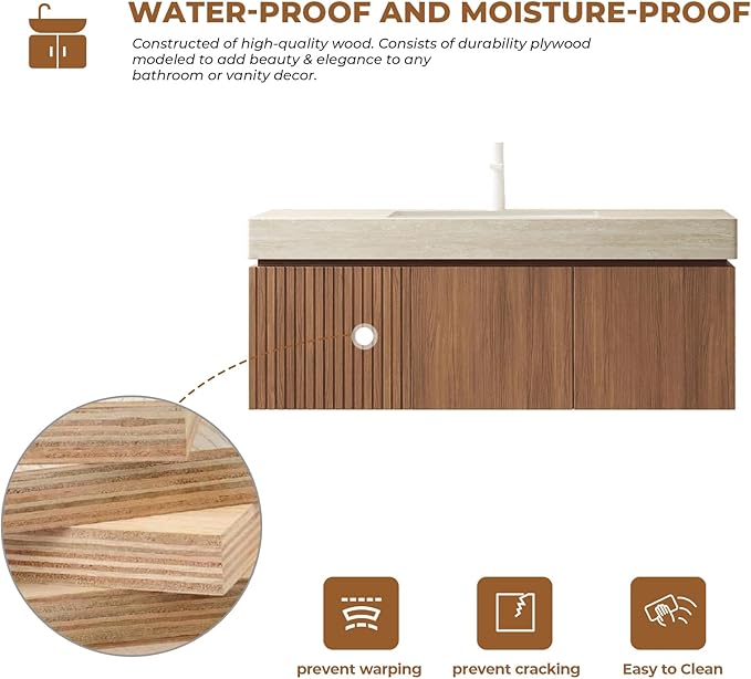 LKTART Floating 48 Inch Bathroom Vanity with Sink, Modern Plywood Wall Mounted Bathroom Storage Cabinet with 2 Doors and 1 Drawer, Roma Travertine-Pattern Sintered Stone Countertop and Ceramic Basins