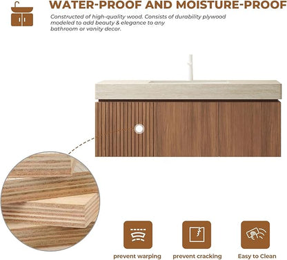 LKTART Floating 48 Inch Bathroom Vanity with Sink, Modern Plywood Wall Mounted Bathroom Storage Cabinet with 2 Doors and 1 Drawer, Roma Travertine-Pattern Sintered Stone Countertop and Ceramic Basins
