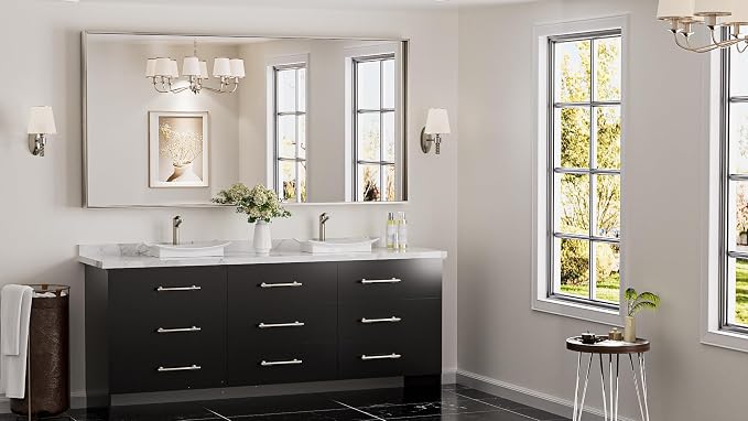 Keonjinn 72x36 Inch Nickel Bathroom Mirror for Over Sink, Rectangular | HD Tempered Glass, Vanity Mirror, Brushed Framed, Square Corner, Modern Farmhouse, Wall Mounted Mirrors, Aluminum Alloy