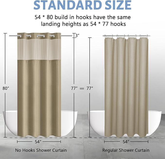Furlinic Stall Shower Curtain No Hook with Snap in Liner,Waffle Weave Waterproof Bathroom Curtains with See Through Top Window & Weighted Magnets,Beige,54x80 Inch