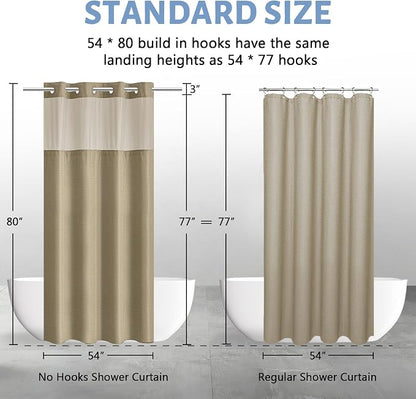Furlinic Stall Shower Curtain No Hook with Snap in Liner,Waffle Weave Waterproof Bathroom Curtains with See Through Top Window & Weighted Magnets,Beige,54x80 Inch