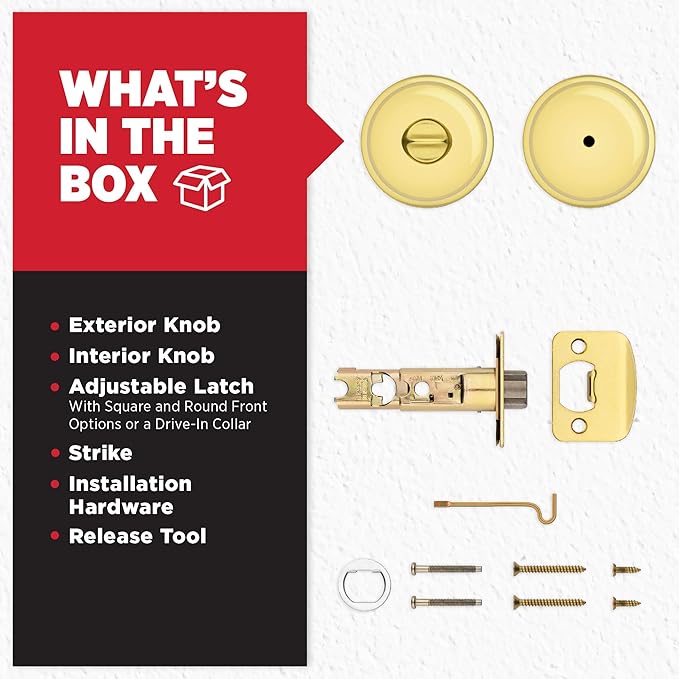 Kwikset Juno Interior Privacy Door Knob with Lock, Door Handle for Bathroom and Bedroom, Polished Brass Keyless Turn Lock Doorknob (Pack of 2)