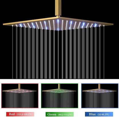 Brushed Gold Shower System AYIVG Temperature Display Thermostatic Shower System Ceiling Mount 12 Inch LED Rain Shower Head System with 6 Body Jets and Handheld Bathroom Shower Faucet Set