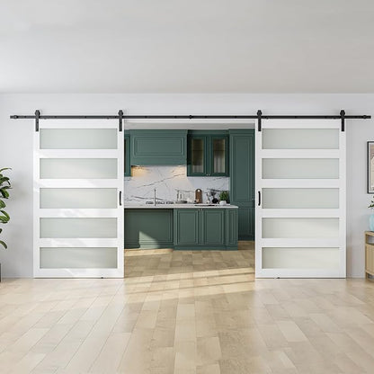 SMARTSTANDARD Double 48×84 Glass Barn Door with Sliding Hardware Kit | Pre-Drilled Ready to Assemble, Waterproof PVC Coating, 5-Panel Glass, White