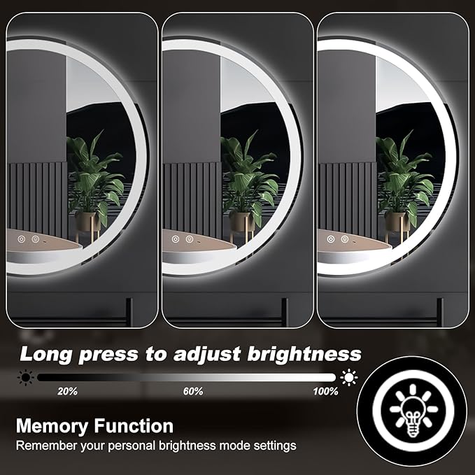 DUMOS 24 Inch Round LED Bathroom Mirror with Lights, Circle Vanity Mirror with Anti-Fog, Dimmable, 3-Color Light, Memory Function, Tempered Glass