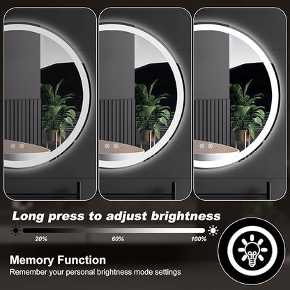 DUMOS 24 Inch Round LED Bathroom Mirror with Lights, Circle Vanity Mirror with Anti-Fog, Dimmable, 3-Color Light, Memory Function, Tempered Glass