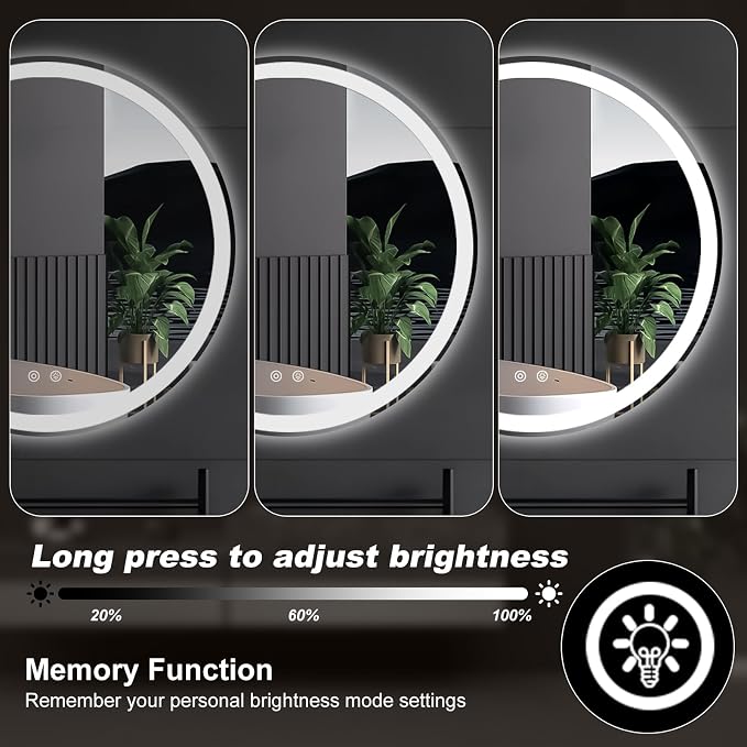 NEWBULIG 24'' Round LED Bathroom Mirror with Lights, Circle Vanity Mirror | Anti-Fog, Dimmable, 3-Color Light, Front Light and Backlit, Memory Function, Tempered Glass