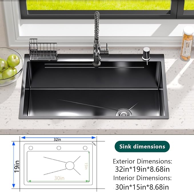Drop-In Kitchen Sink:32in Stainless Single Bowl Sink &Accessories | Spacious 32-Inch Workstation Sink with 7-in-1 Accessory Set, Designed for Large Families