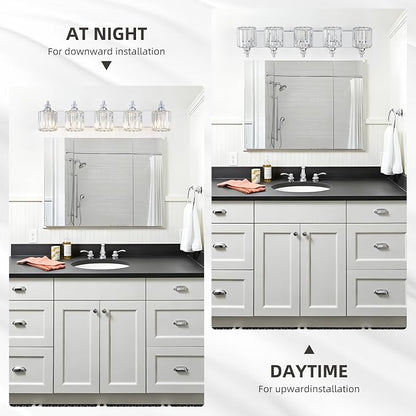 5-Light Modern Bathroom Light Fixture Chrome Bathroom Vanity Lights Over Mirror Wall Sconce Lighting with K9 Crystal Shades E26 Base for Bedroom, Living Room, Hallway Wall Lamp
