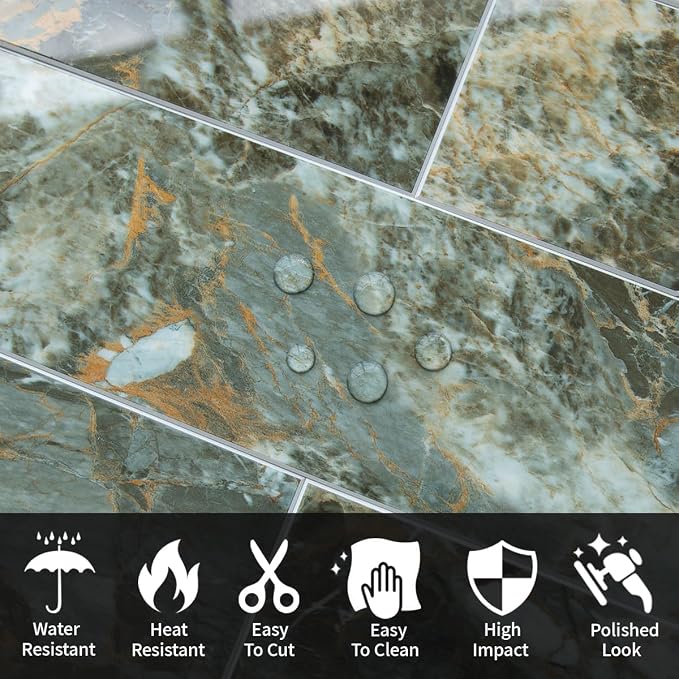 AULIGET 40-Piece Polished Green Marble with Gold Peel and Stick Backsplash Wall Tiles, 3" x 12" PVC Faux Stone Stick on Tiles for Backsplash Kitchen, Bathroom, Laundry Room, Camper, Fireplace