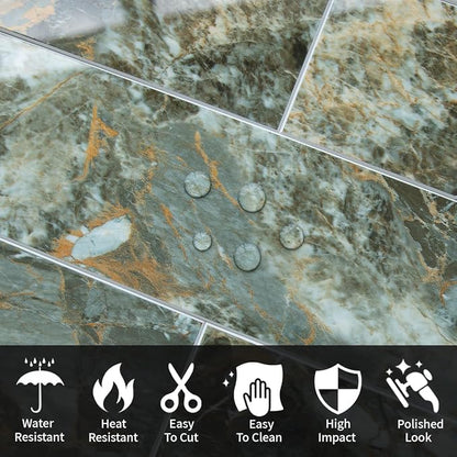 AULIGET 40-Piece Polished Green Marble with Gold Peel and Stick Backsplash Wall Tiles, 3" x 12" PVC Faux Stone Stick on Tiles for Backsplash Kitchen, Bathroom, Laundry Room, Camper, Fireplace