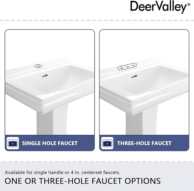 DeerValley Apex 26x20 Inch White Pedestal Sink, Ceramic Pedestal Bathroom Sink with Single Faucet Hole and Overflow, DV-1P52101