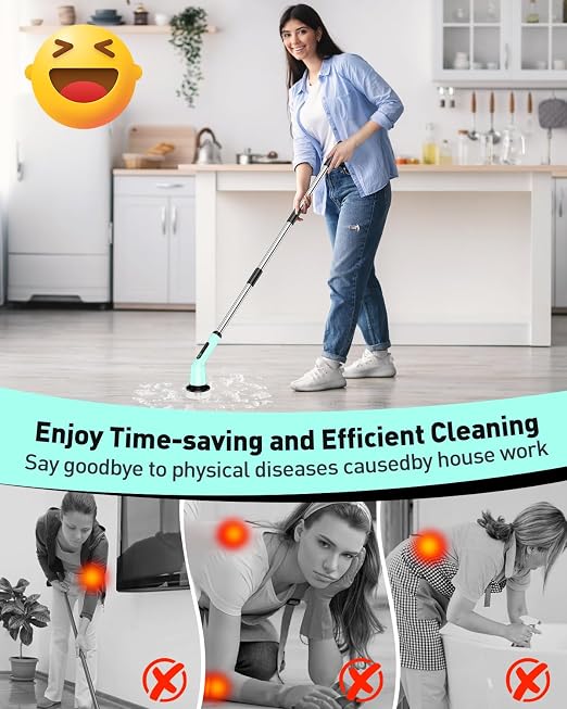 Electric Spin Scrubber for Bathroom, Shower Scrubber with Long Handle | Shower Cleaner Brushes, IPX7 Waterproof & 2 Speed, 3 Brush Heads, 90min Runtime, Bathroom Cleaning Supplies for Toilet Tub