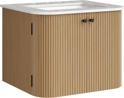 Modway Zia 24 inch Wall-Mount Bathroom Vanity in Natural with Marble Sink Basin - Floating Bathroom Cabinet with Fluted Design