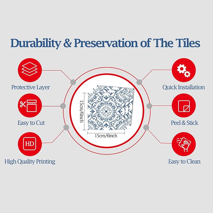 SVNOOC Peel & Stick Tile Stickers 12 PCS Self Adhesive Backsplash Decorative Wall Stickers for Kitchen Bathroom Tile Decals Waterproof & Removable 6" x 6" (Blue)