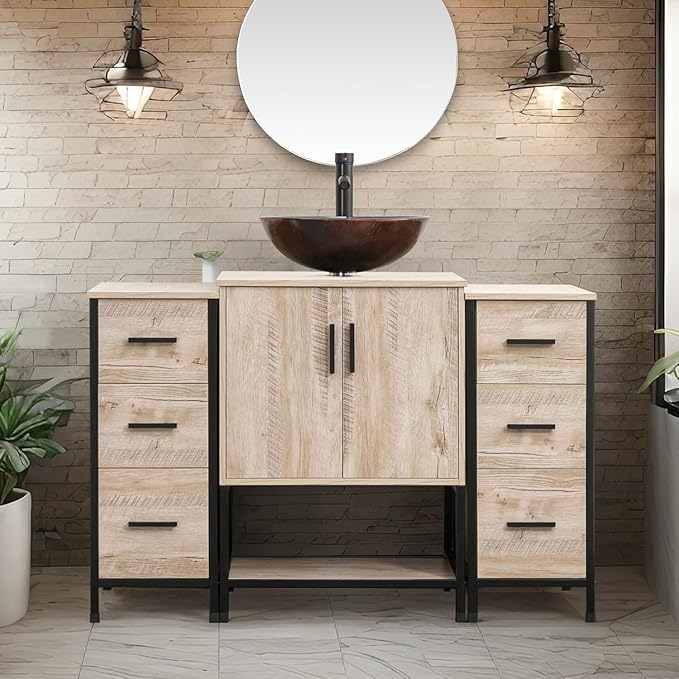 UEV Rustic 48" Bathroom Vanity,Oak Color Bathroom Vanity Set with Sink and 3 Drawers Side Cabinet Combo,with Adjustable Water Temperature Faucet (A09-New)
