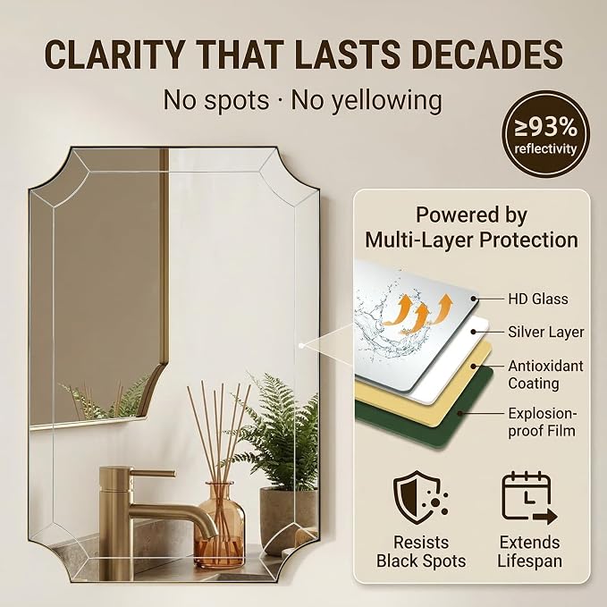 30"x30" Square Bathroom Mirror, Gold Vanity Mirrors for Over Sink, Gold Scalloped Mirror with Glass Pieces, Brass Mirror with Designer-Crafted Notched Corners, Ideal for Home Remodel