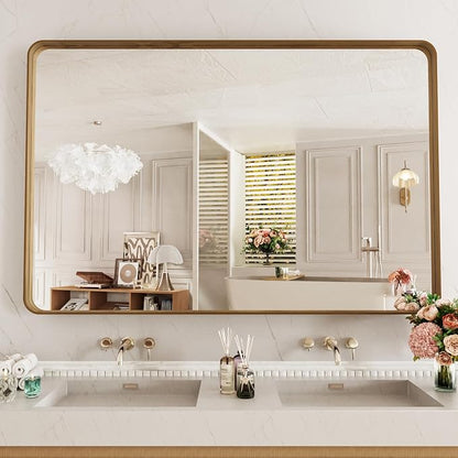 LOAAO 55X30 Inch Bathroom Mirror with Wood Grain Colored Metal Frame | Rounded Rectangle Metal Framed, Anti-Rust, Hangs Horizontally or Vertically, Tempered Glass