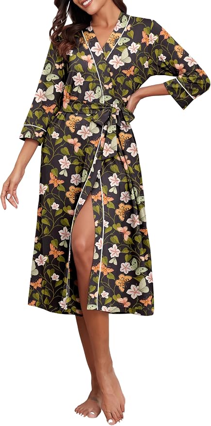 PrinStory Robes for Women 3/4 Sleeve Long Bath Robe XS-4XL | V-Neck Knit Bathrobe with Pockets, Lightweight, Soft, Breathable Robes for Shower, Spa, Travel, Home, Party, Nursing