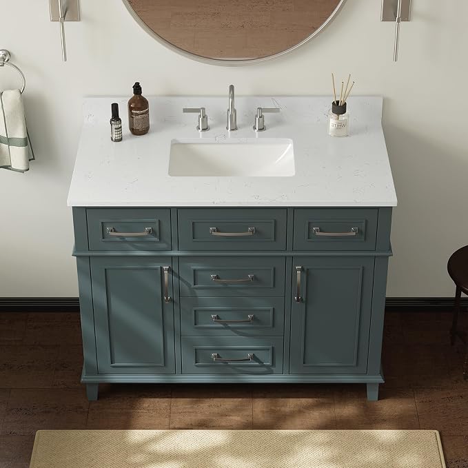 42 Inch Bathroom Vanity with Sink, Fully Assembled, Green | Solid Wood Single Sink Bathroom Vanity, Modern Bathroom Sink Cabinet, Soft Close Doors & Dovetail Drawers, 0.78" Stone Top