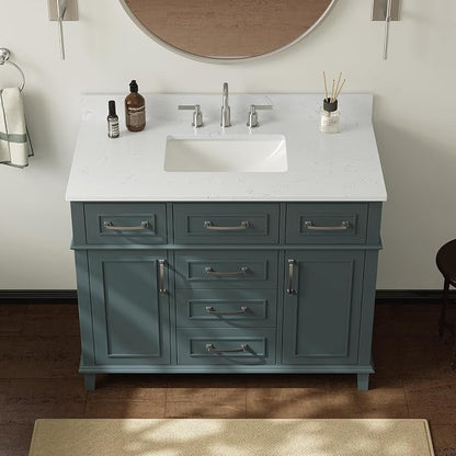 42 Inch Bathroom Vanity with Sink, Fully Assembled, Green | Solid Wood Single Sink Bathroom Vanity, Modern Bathroom Sink Cabinet, Soft Close Doors & Dovetail Drawers, 0.78" Stone Top