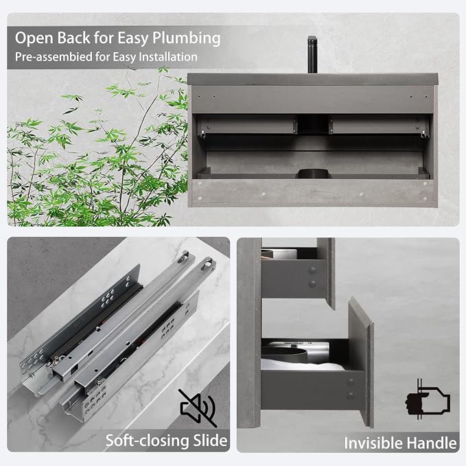 42 Inch Floating Bathroom Vanity with Sink, Modern Grey Wall Mounted Floating Vanity with Scratch-Resistant Quartz Sand Basin and Soft Closing Drawers, Pre Assembled Bathroom Vanity