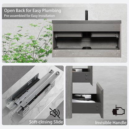 42 Inch Floating Bathroom Vanity with Sink, Modern Grey Wall Mounted Floating Vanity with Scratch-Resistant Quartz Sand Basin and Soft Closing Drawers, Pre Assembled Bathroom Vanity