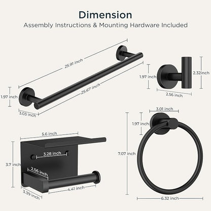 FORIOUS Bathroom Accessories, 5-Piece Bathroom Hardware Set - 24" Towel Bar | Matte Black | Towel Hooks, Towel Racks for Bathroom, Toilet Paper Holder With Shelf & Towel Ring | SUS304 Stainless Steel