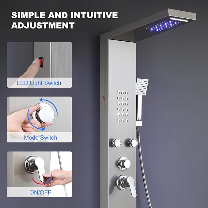 POPFLY Shower Panel, LED Rainfall & Waterfall Shower Head, 5-in-1 Shower System with Body Massage Jets, Handheld Spray, Tub Spout, Stainless Steel Wall Mounted Shower Tower, Brushed Nickel