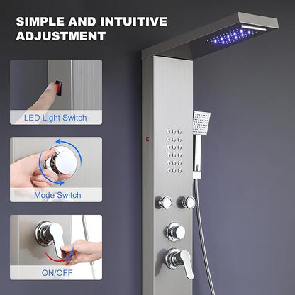 POPFLY Shower Panel, LED Rainfall & Waterfall Shower Head, 5-in-1 Shower System with Body Massage Jets, Handheld Spray, Tub Spout, Stainless Steel Wall Mounted Shower Tower, Brushed Nickel