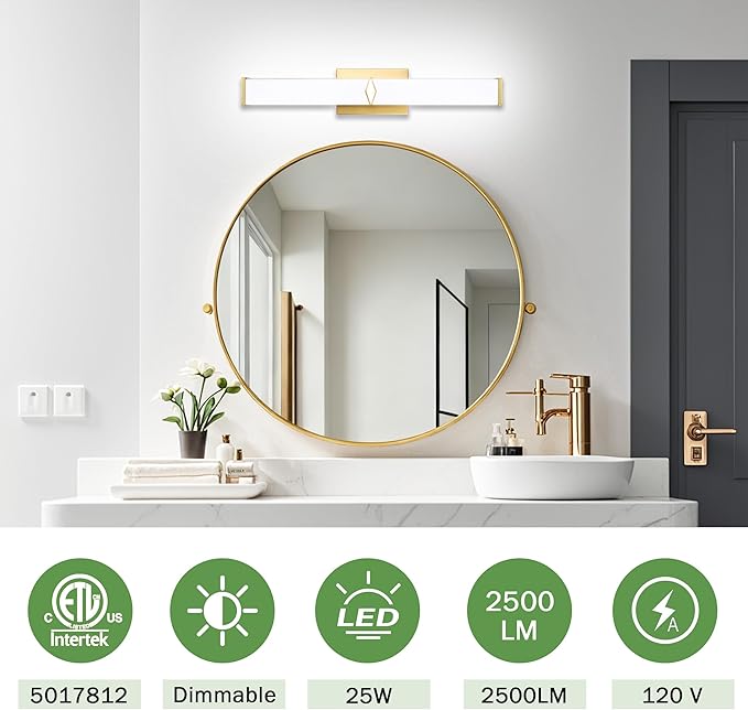 24 Inch Bathroom Vanity Light 2500LM, 5700K Daylight White Modern Bathroom Light Dimmable, AC 120V 25W Gold LED Vanity Lighting Fixtures Wall Sconce ETL Certified, 1Pack