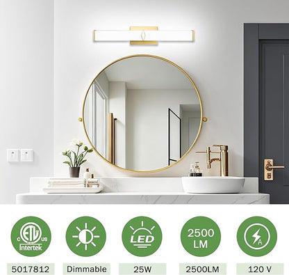 24 Inch Bathroom Vanity Light 2500LM, 5700K Daylight White Modern Bathroom Light Dimmable, AC 120V 25W Gold LED Vanity Lighting Fixtures Wall Sconce ETL Certified, 1Pack