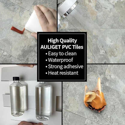 AULIGET 2-Piece Peel and Stick Backsplash Wall Tiles, 6" x 12" Grey & Beige Slate PVC Faux Stone Stick on Tiles for Backsplash Kitchen