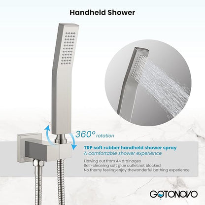 gotonovo Tub Shower Faucet Set with Valve Kit 12’’ Head,Brushed Nickel | Shower System with Tub Spout,SUS304 Rain Head with Handheld Sprayer,Swivel Spout,All Metal,Rough-In Valve Trim Kit,Wall Mount