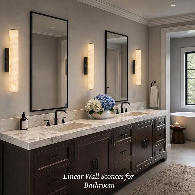 Alabaster Wall Sconce, 20" Matte Black Linear Wall Sconces, 3000K Dimmable Artisan-Cast Alabaster Sconce for Living Room, Modern Wall Lighting for Bathroom, Bedroom, Hallway, 1 Pack, Faux Alabaster