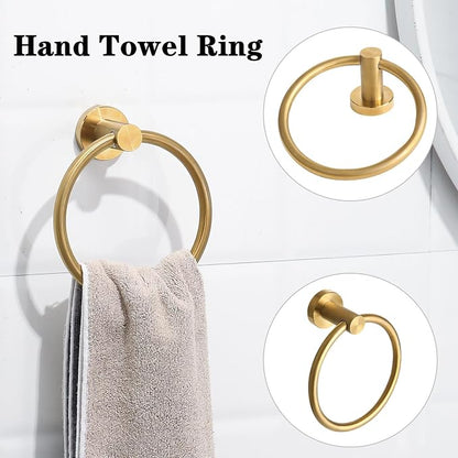 Brushed Gold Bathroom Hardware Accessories Set 5 Piece, Stainless Steel Bath Towel Bar Set 24 Inch,Toilet Paper Holder,Towel Ring Holder,Towel Rack Set,Gold Bathroom Accessories Kit