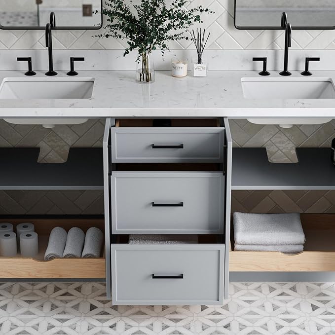 ARIEL Kelly 72-inch Bathroom Vanity with Sink,Solid Wood, 1.5-inch Carrara White Quartz Countertop & Backsplash, Double Rectangular Porcelain Sink, 4 Soft Closing Doors, 5 Dovetail Drawers, Grey