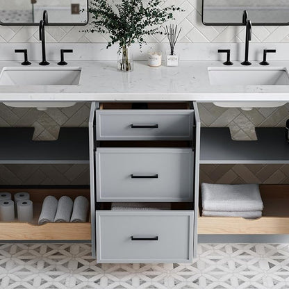 ARIEL Kelly 72-inch Bathroom Vanity with Sink,Solid Wood, 1.5-inch Carrara White Quartz Countertop & Backsplash, Double Rectangular Porcelain Sink, 4 Soft Closing Doors, 5 Dovetail Drawers, Grey