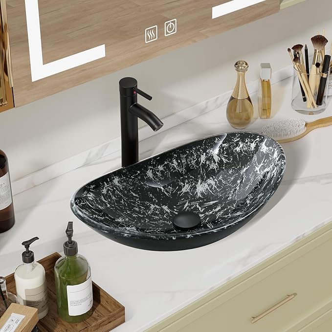 Bathroom Boat Shape Artistic Glass Vessel Sink with Chrome Faucet and Pop-up Drain Set, Black