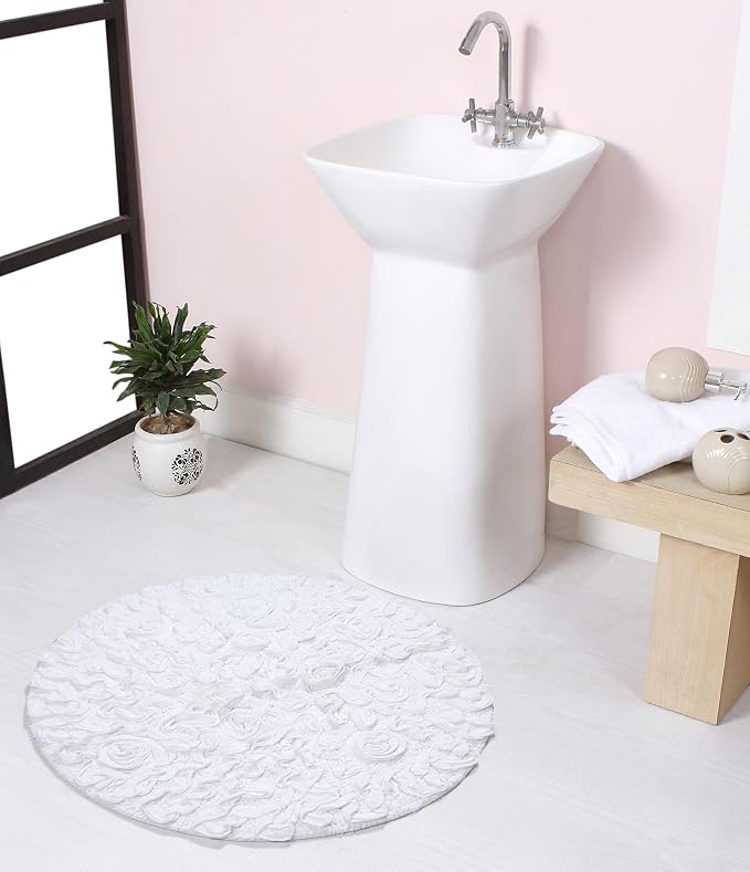 Home Weavers Bell Flower Collection 100% Cotton Tufted Bath Rugs, Extra Soft and Absorbent Bath Rugs, Non-Slip Bath Mats, Machine Washable, Bath Mats for Bathroom Floor and Tub, 22" Round, White