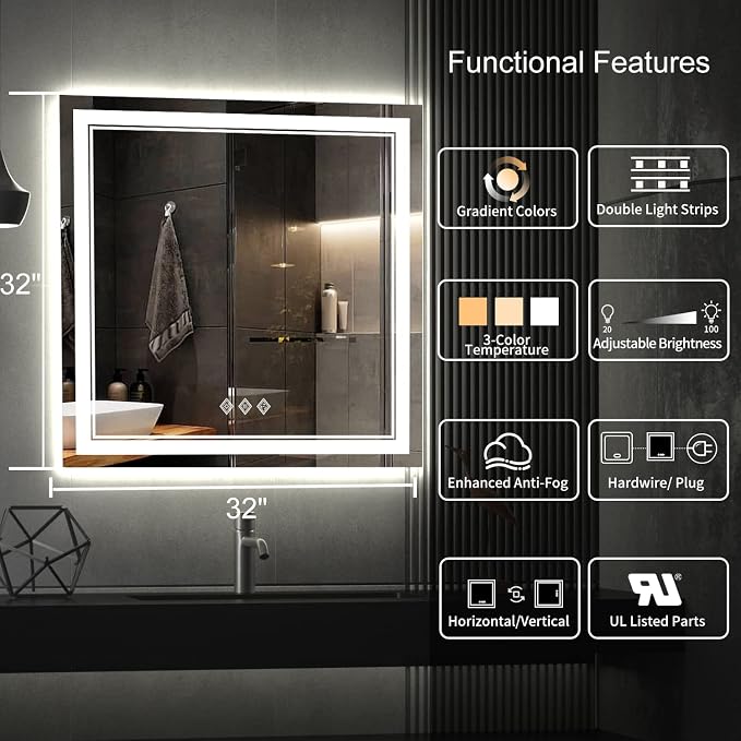 LED Bathroom Mirror, 32x32 Inch Gradient Front and Backlight Lighted Vanity Mirror, 3 Colors Dimmable CRI>90 Double Lights, IP54 Enhanced Anti-Fog, Hanging Plates Wall Mount Bathroom Mirror