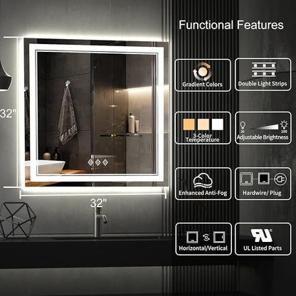 LED Bathroom Mirror, 32x32 Inch Gradient Front and Backlight Lighted Vanity Mirror, 3 Colors Dimmable CRI>90 Double Lights, IP54 Enhanced Anti-Fog, Hanging Plates Wall Mount Bathroom Mirror