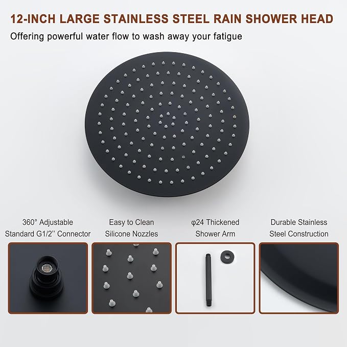 MONDAWE 12 Inch Ceiling Mounted Black Shower System, Dual Rainfall Shower Head & High Pressure Handheld Spray Combo, 3-Function Luxury Shower Faucet Set for Bathroom, All Functions Work Simultaneously