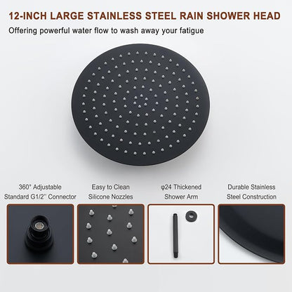 MONDAWE 12 Inch Ceiling Mounted Black Shower System, Dual Rainfall Shower Head & High Pressure Handheld Spray Combo, 3-Function Luxury Shower Faucet Set for Bathroom, All Functions Work Simultaneously