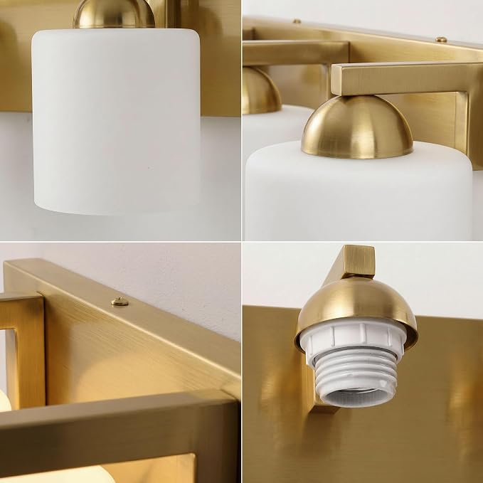 mirrea 3-Light Brushed Gold Bathroom Vanity Light with White Glass Shades | Over Mirror,Wall Sconce,ETL listed,Bathroom Lighting Fixtures,Elegant Design,Milk White Glass Shade,Easy Installation