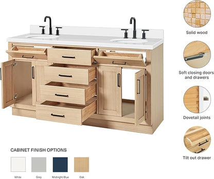 ARIEL Hepburn 66-inch Bathroom Vanity with Sink,Solid Wood, 1.5-inch Pure White Quartz Countertop & Backsplash, Double Oval Porcelain Sink, 4 Soft Closing Doors, 6 Dovetail Drawers, White Oak